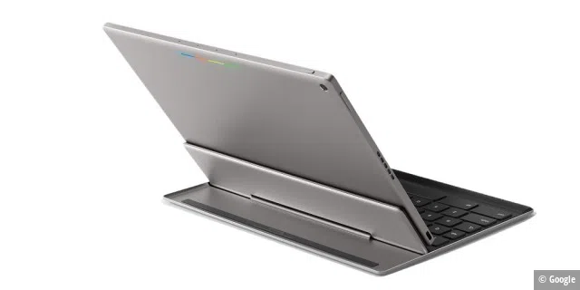 Ein Magentstreifen an der Tastatur hält das Tablet aufrecht. Die Farbleiste kann den Akkuladestand anzeigen.
