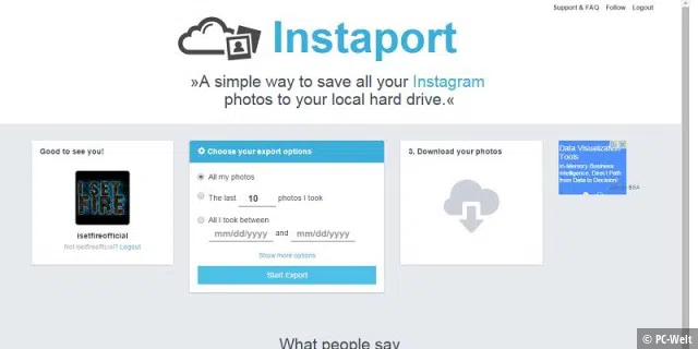 Dann können Sie alle Ihre Fotos von Instagram zu Instaport exportieren