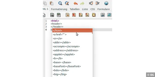 Autocomplete-Funktion: Bei der Eingabe des Programmcodes bietet Bluefish passende Vorschläge, die Sie per Klick einfügen.