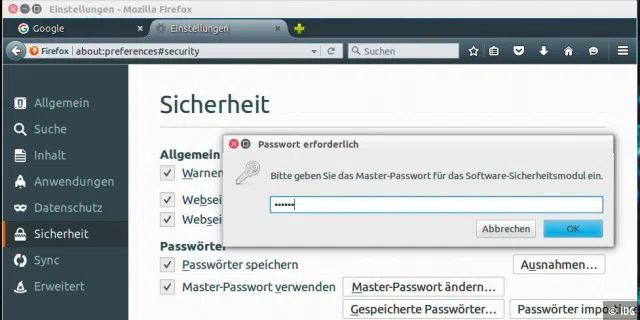 Firefox und Thunderbird können den Zugang durch ein Master-Passwort schützen.
