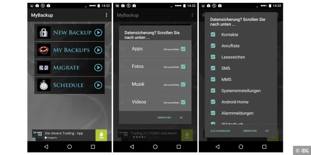 Mit der kostenlosen Version von MyBackup sichern Sie Daten, Medien und Apps direkt auf dem Smartphone