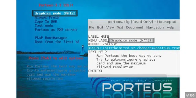 Bootparameter für Porteus: Das Startmenü ist über die Datei „porteus.cfg“ beliebig anpassungsfähig.