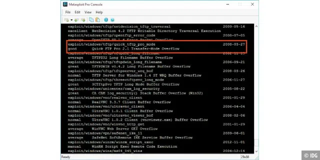 Die Suche nach Exploits für FTP-Server liefert etwa einen Angriffscode für das Tool Quick FTP. Diese Lücke ist zwar schon alt, doch es gibt ja noch recht viele alte Rechner.