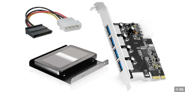 Die Teile, die Sie für ältere PCs brauchen werden: SATA-auf-Molex-Kabel, 2,5-Zoll-auf-3,5-Zoll-Einbaurahmen und USB-3.0-Erweiterungskarte (von links nach rechts).