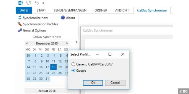 : Im ersten Konfigurationsschritt klicken Sie nach dem Öffnen des Menübandes „CalDav Synchronizer“ auf „Sychronization Profiles -> Add -> Google“ und bestätigen mit „OK“.