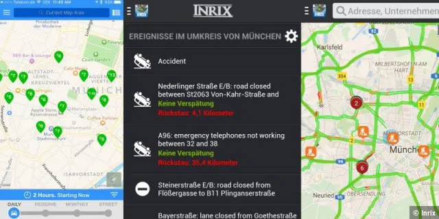 Kombinierter Screenshot: Links die Park-Me-App mit Parkplätzen in München, in der Mitte Verkehrslageinformationen und rechts die Kartenansicht.