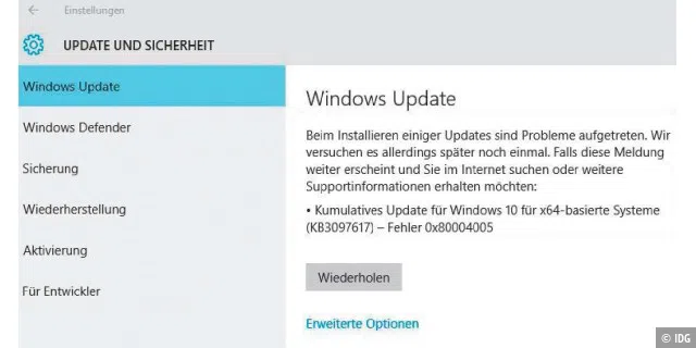 Kommt es bei einem Update zu Problemen, zeigt Windows die KB-ID des Updates und eine Fehlernummer an. Eine Internetsuche hilft Ihnen bei der Entschlüsselung.