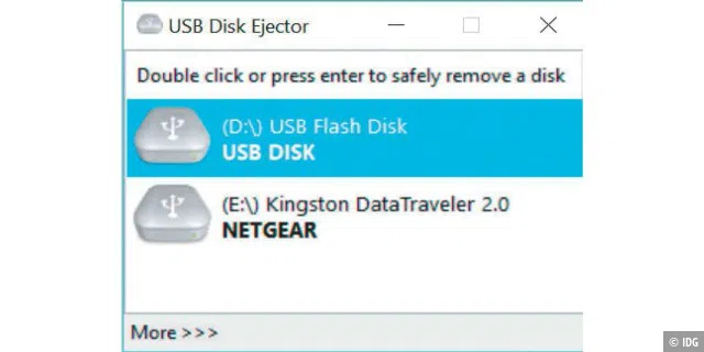 Einfacher als mit Windows- Bordmitteln: Das Tool USB Disc Ejector wirft USB-Peripherie mit einem Mausklick sicher aus.