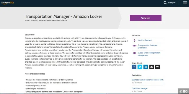 Mit dieser Online-Stellenanzeige sucht Amazon für Amazon Locker nach einem Transportation Manager