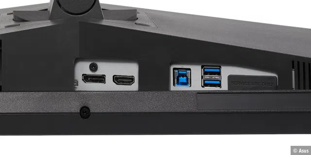 Die Anschlüsse des Asus ROG Swift PG279Q: Display Port 1.2, HDMI 1.4 und 2x USB 3.0.