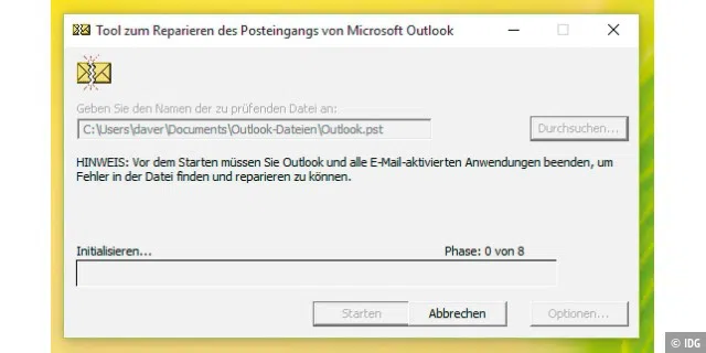 Nach dem Start verlangt Scanpst die Angabe der PST-Datei von Outlook und beginnt dann mit der Reparatur der Dateistruktur.