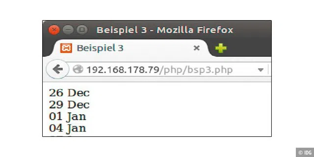 Das PHP-Script nutzt eingebaute Funktionen, um periodische Termine zu ermitteln („bsp3.php“).