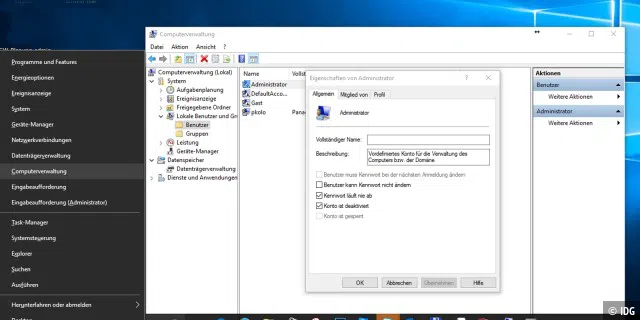 In der Computerverwaltung kann unter Windows 10 Pro das Administrator-Konto aktiviert werden