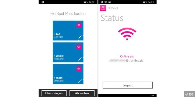 Die Telekom-Apps Online Manager und Hotspot Log-in (Windows) helfen bei der Hotspot-Suche, beim Kontenmanagement (links) sowie beim Verbinden mit dem Funknetz (rechts).