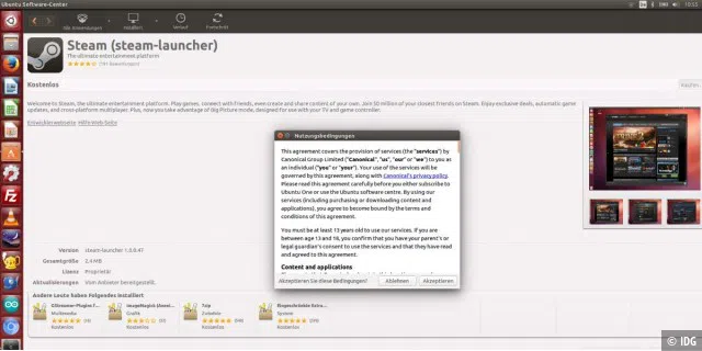 Steam können Sie sich auch aus dem Ubuntu Software Center herunterladen.