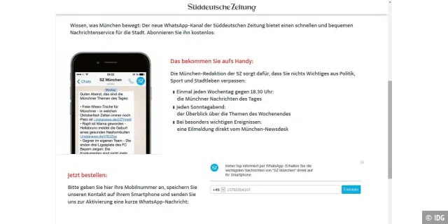 Auf diversen Nachrichtenseiten – wie zum Beispiel der Süddeutschen Zeitung – lässt sich ein Whatsapp- Newsletter abonnieren.