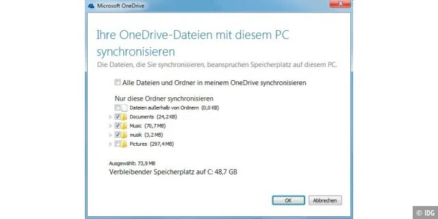 Auch bei Onedrive können Sie festlegen, welche Ordner mit Ihrem Windows-Computer synchronisiert werden sollen.