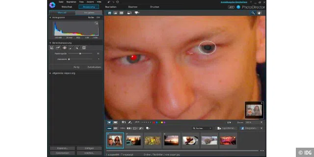 Die Rote-Augen-Korrektur von Photo Director 6 Deluxe bietet eine einfach zu bedienende und dabei effektive Methode, um rote Augen in Fotos zu entfernen.