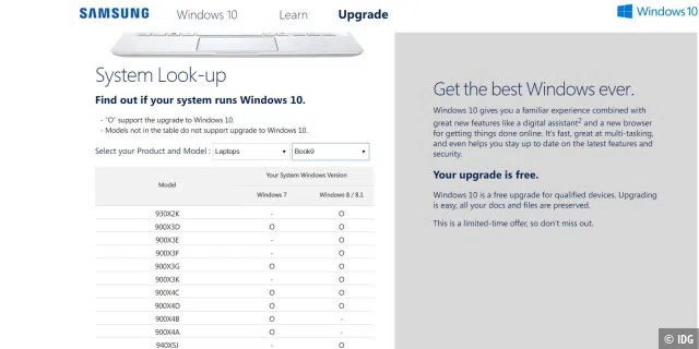 Auf http://www.samsung.com/uk/windows10/upgrade.html können Sie prüfen, ob Ihr Samsung-Gerät bereit für das Update auf Windows 10 ist.