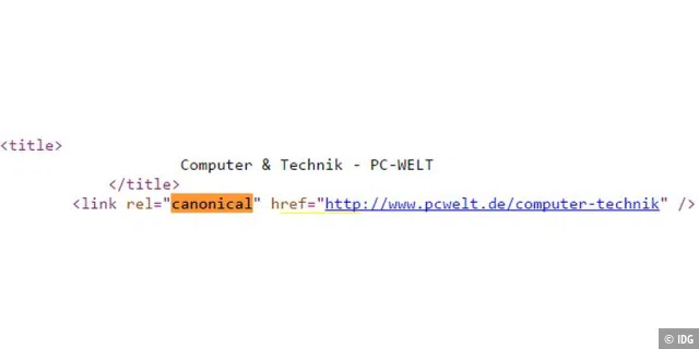 Auch im Quellcode von pcwelt.de ist das Canonical Tag fest implementiert.