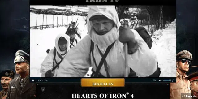Hearts of Iron IV - das Cover zeigt jeweils einen herausragenden General von Großbritannien, dem Dritten Reich, den USA und der Sowjetunion.