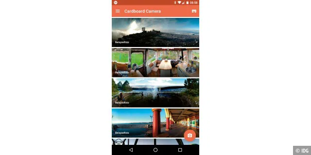 Die „Cardboard Camera“-App beinhaltet im Standard-Lieferumfang verschiedene 360-Grad-Szenarien mit akustischer Untermalung.