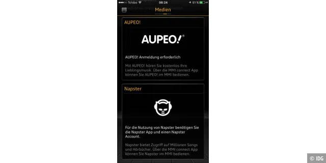 Aupeo und Napster gehören zur Ausstattung der Audi MMI connect App für iOS und Android
