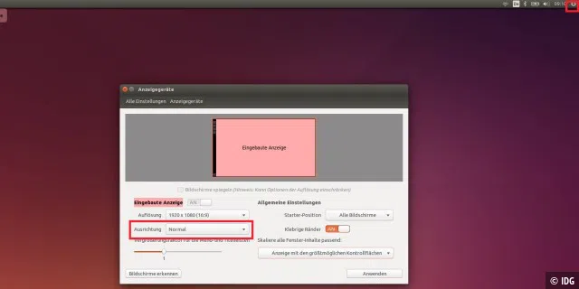 Hier ändern Sie die Bildschirmausrichtung auf einem Rechner mit Ubuntu Linux. Rechts oben das Zahnradsymbol, über das Sie die Systemeinstellungen erreichen.