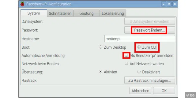 Passwort ändern, GUI deaktivieren und automatische Anmeldung deaktivieren.
