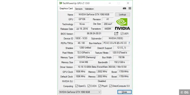 Die technischen Daten der Nvidia Geforce GTX 1060.