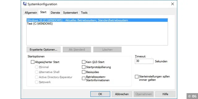 Windows 10 Bootmanager verwalten: Mit dem Windows-10-Bordmittel msconfig können Sie zum Beispiel das standardmäßig zu startende System festlegen.