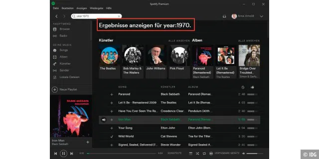 Die Musiksuche in Spotify erlaubt den Einsatz von nützlichen Parameter. So liefert etwa die Eingabe von „year:1970“ Songs nur aus diesem Jahr. Stichwörter lassen sich in der Suche mit „and“, „or“ und „not“ kombinieren.