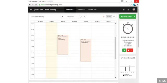 Prima ERP besteht aus drei Modulen. Unter „Time Tracking“ verwalten Sie über einen Kalender die Zeit, die Sie für einzelne Projekte oder Kunden aufgewendet haben.
