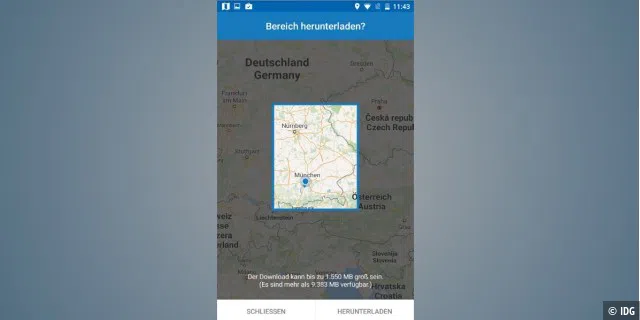 Google Maps: Wählen Sie mithilfe des Auswahlvierecks den Kartenbereich aus, den Sie auf Ihr Smartphone downloaden wollen.