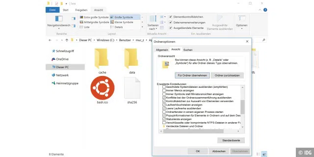 Um einen Blick auf die Linux-Dateistruktur werfen zu können, müssen Sie zuerst die Anzeigeoptionen des Windows Explorers im Register „Ansicht“ entsprechend anpassen.