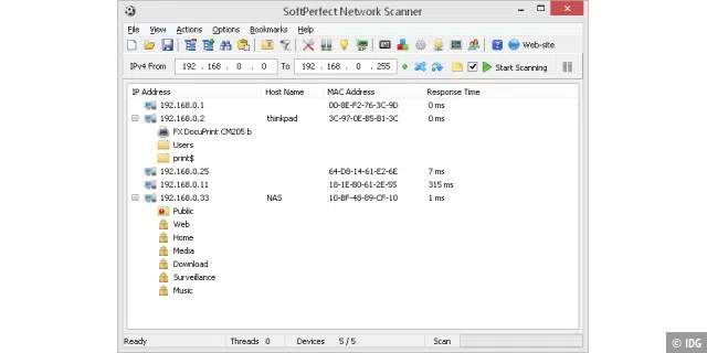 Das Tool Softperfect Network Scanner untersucht das lokale Netzwerk und zeigt Ihnen alle wichtigen Informationen aus Ihrem Heimnetzwerk an.
