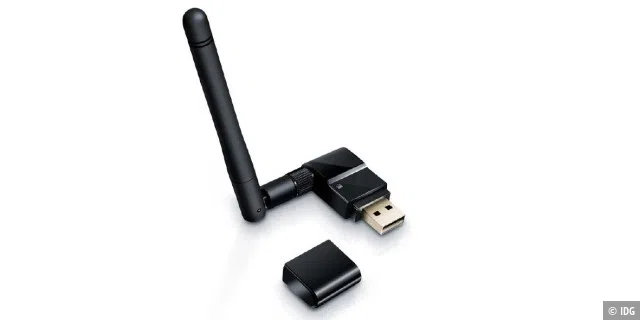 Pimpen Sie Ihr Notebook mit einem WLAN-USBDongle mit herausgeführter Antenne, hier von CSL-Computer. Diese lässt sich abschrauben und durch ein leistungsfähigeres Modell ersetzen.