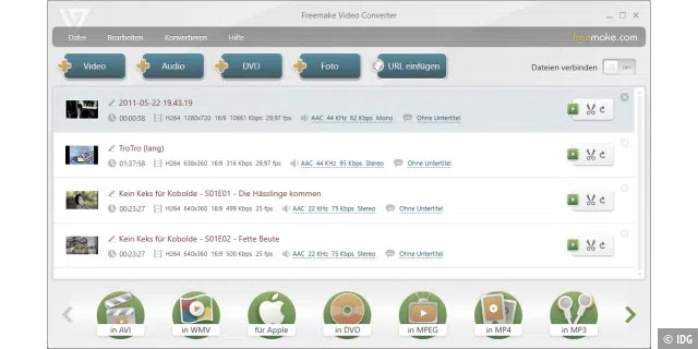 Freemake Video Converter öffnet Mediendateien und konvertiert Videos unter anderem in die Formate AVI, MP4, WMV und MKV.