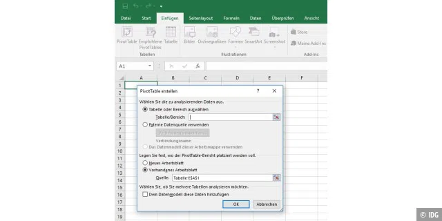 Pivot-Tabellen erstellen Sie in Excel 2016 über die Registerkarte Einfügen.