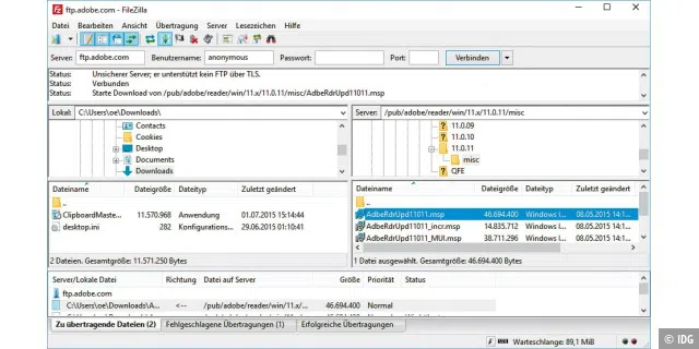 Das kostenlose FTP-Tool Filezilla stellt Dateitransfers in einer übersichtlichen Baumstruktur dar.