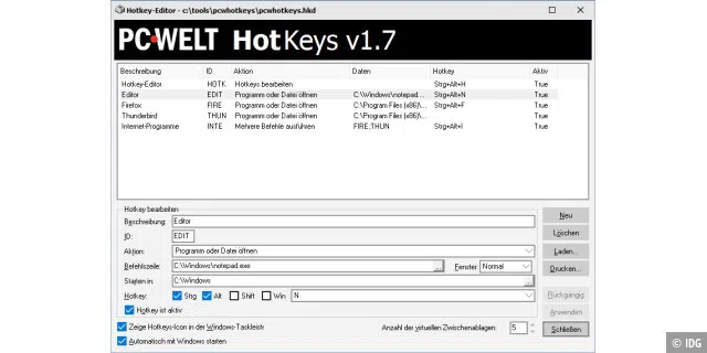 Hotkeys verwalten: Im Editor von PC-Welt HotKeys legen Sie Tastenkombinationen und Aktionen fest. Die Definitionen lassen sich leicht bearbeiten und deaktivieren.
