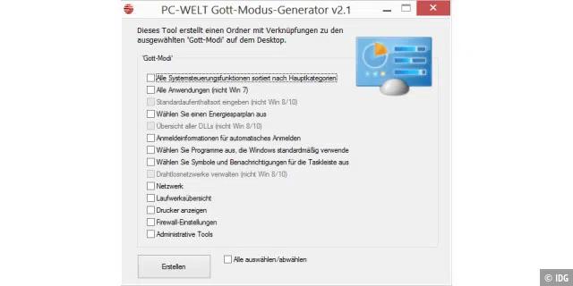 Schnellzugriff konfigurieren: Das Tool PC-WELT Gott-Modus-Generator erstellt Verknüpfungen zu häufig genutzten Windows-Einstellungen in der Systemsteuerung.