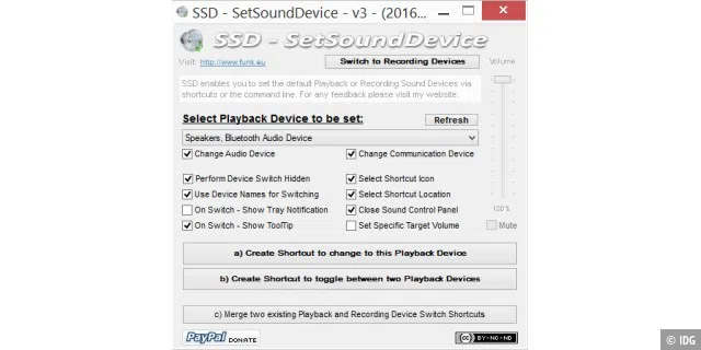 Geräte umschalten: Im Auto-it-Script SSD wählen Sie ein Wiedergabegerät aus und erstellen dafür eine Verknüpfung. Es lässt sich dann per Mausklick aktivieren.