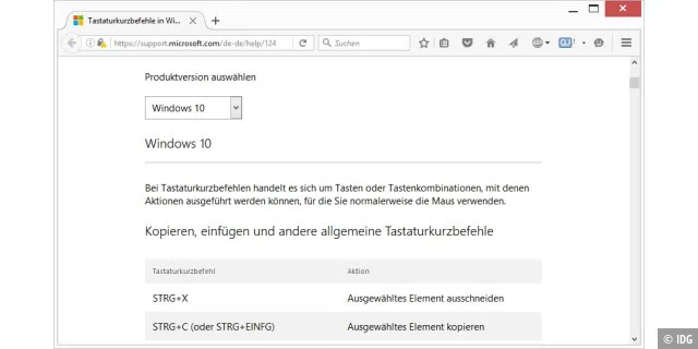 Tasten im Überblick: Auf einer Microsoft-Webseite (www.pcwelt.de/8AIt0P) finden Sie Tabellen, die alle Tastaturkürzel für Windows 7, 8.1 und 10 vollständig und übersichtlich auflisten.
