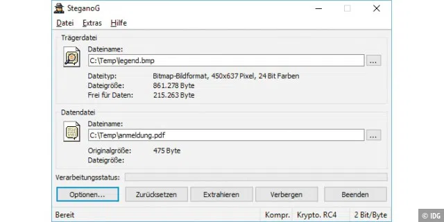 Mit dem Freewaretool Stegano G können Sie beliebige Dokumente in BMP-Bilddateien verstecken und sie zusätzlich noch verschlüsseln.