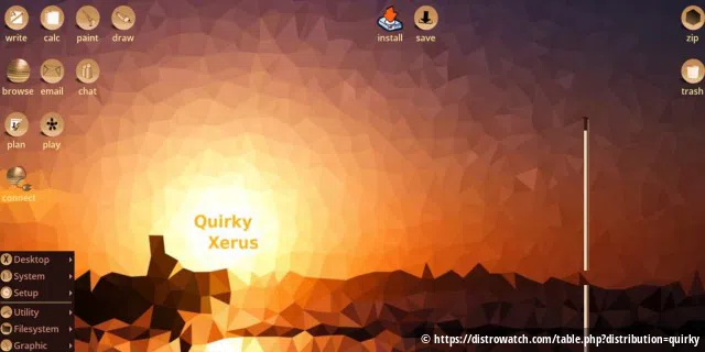 Quirky ist ein Ableger von Puppy Linux, das kaum noch weiter entwickelt wird. Für Quirky dagegen erscheinen immer wieder Updates. Quirky ist in erster Linie als Live-Distribution gedacht. Ein vollständiger englischsprachiger Desktop gehört zur Ausstattung