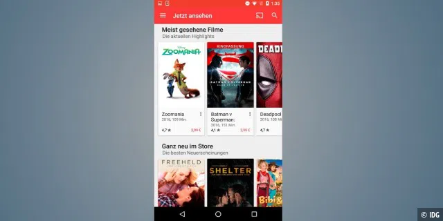 In der Google-Play-Movies-App lassen sich einzelne Filme kaufen oder zu einem geringeren Preis ausleihen.