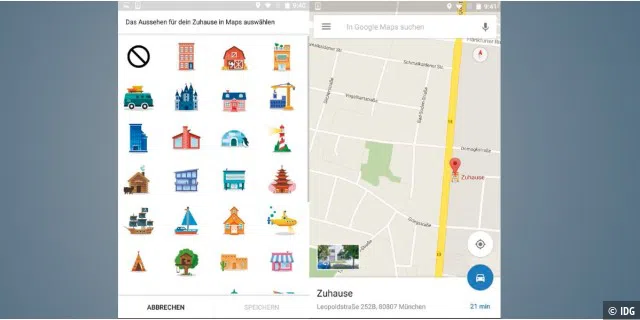 Greifen Sie auf diverse verschiedene Symbole zurück, mit denen Sie Ihr Zuhause oder Ihren Arbeitsplatz auf der Google-Maps-Karte markieren