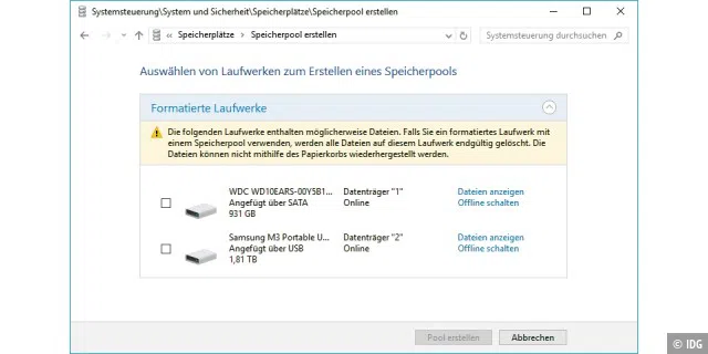 Über die Funktion ?Speicherplätze? und mit zwei leeren Festplatten kann Windows 10 einen Software-Raid-Verbund erstellen. Dieser spiegelt die Daten einer Festplatte automatisch auf die andere.