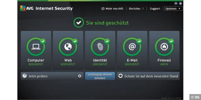 AVG Internet Security 2017 schützt Ihren PC vor Virenangriffen. Die Bedienerführung ist übersichtlich aufgebaut. Die grünen Ringe zeigen, dass alles in Ordnung ist. Bei einem Problem erscheinen sie rot.